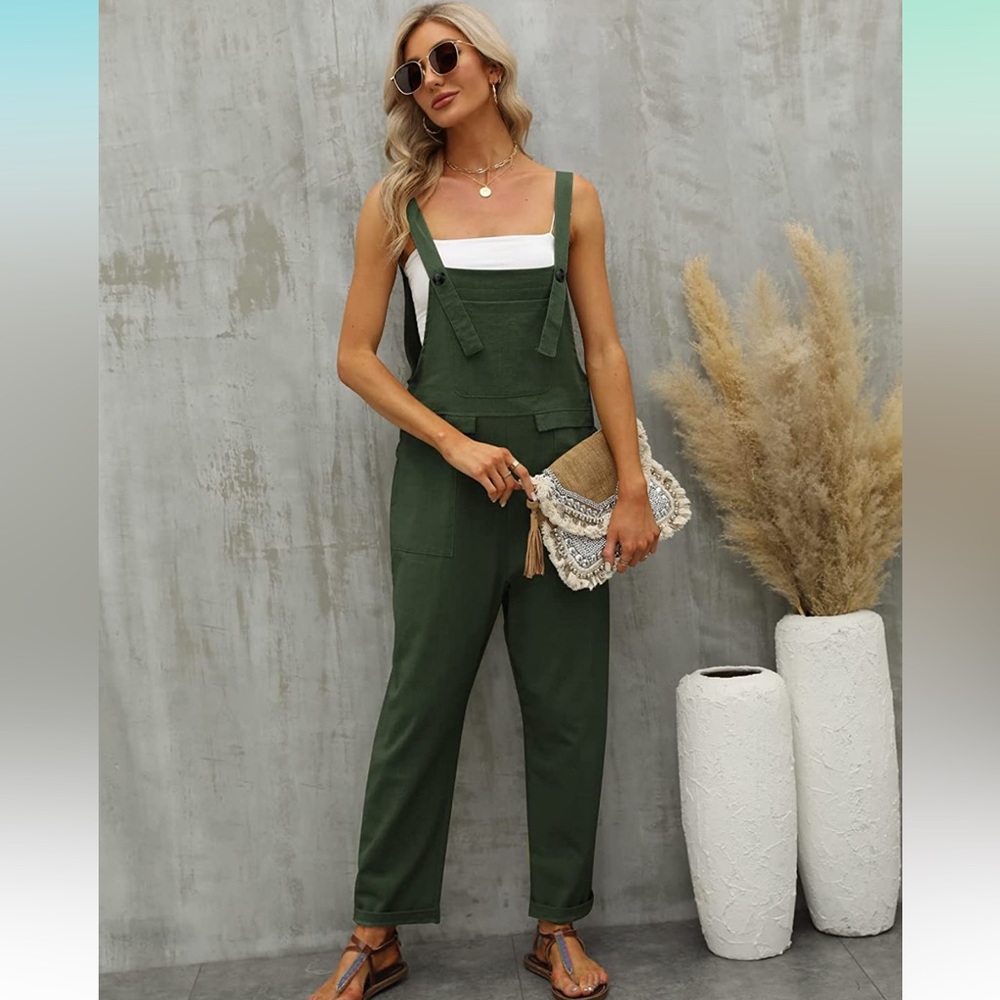 Loose Linen Overalls Jumpsuit - green, Sz M